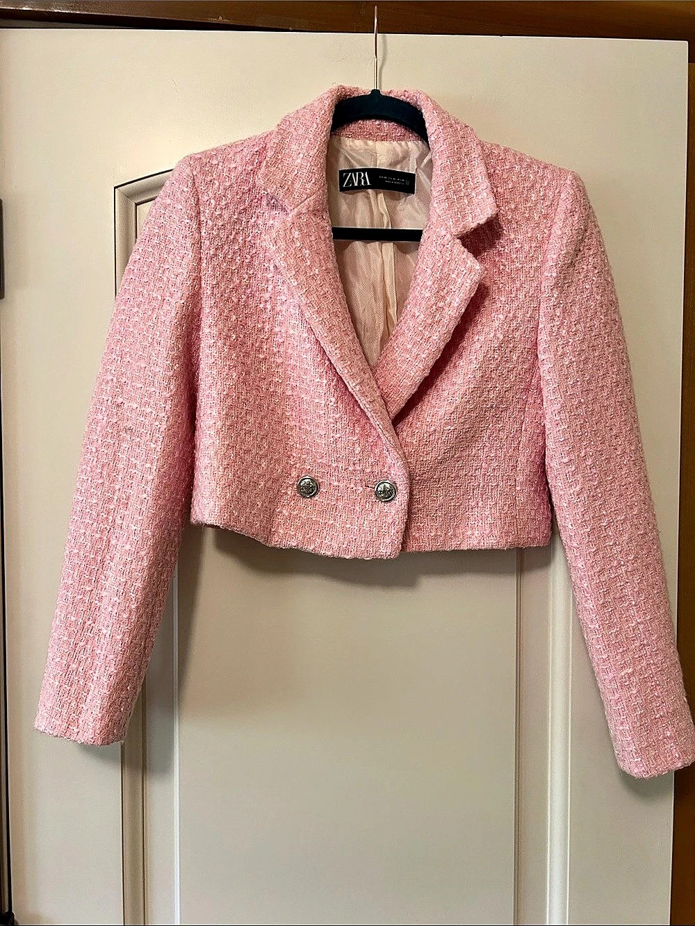 Zara Pink Tweed Cropped Blazer Size XS Like New